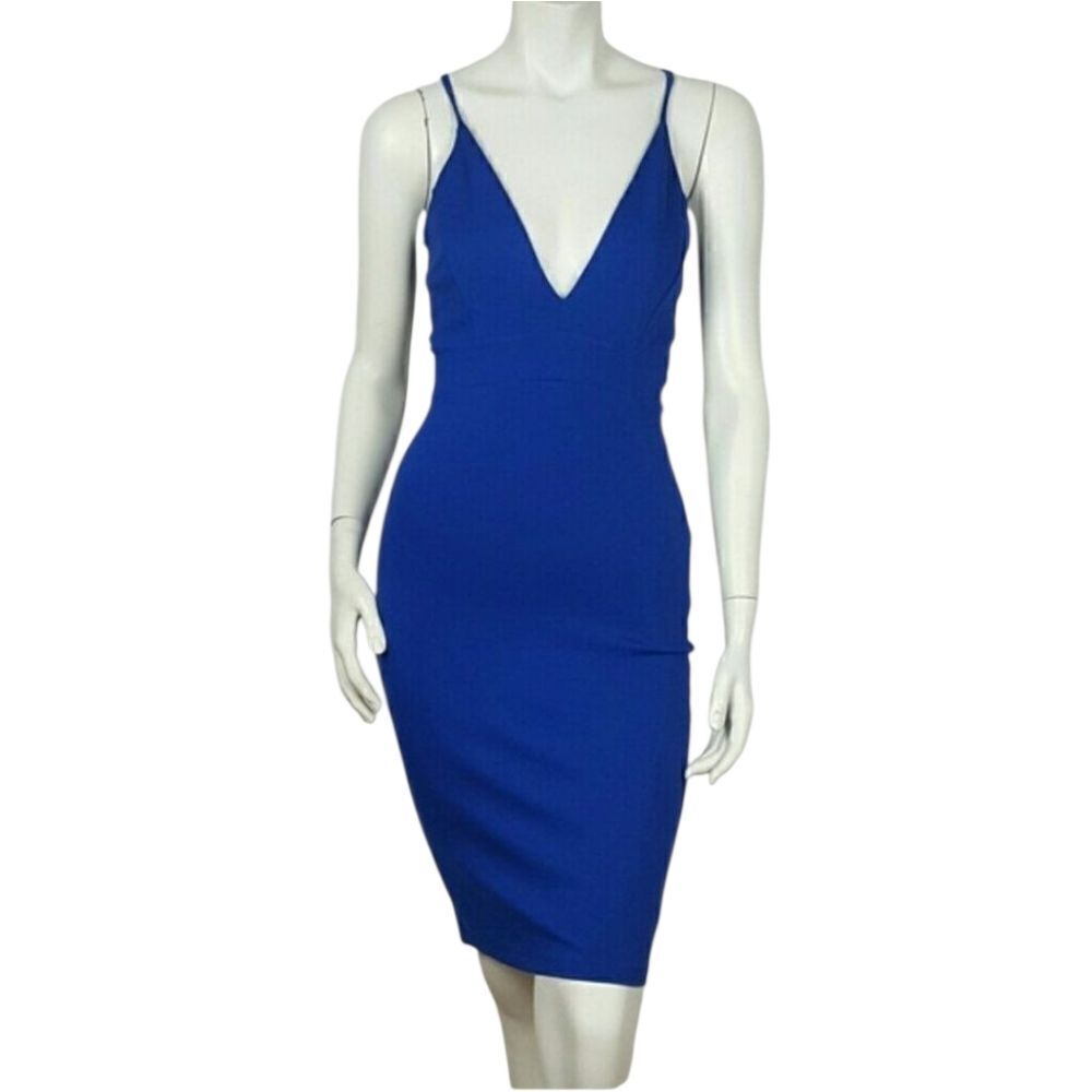 PRIVY Blue Sheath Midi Dress With A Deep V Neck Small